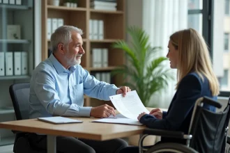 Bailleur et locataire en fauteuil roulant examinant un contrat de location dans une agence immobilière