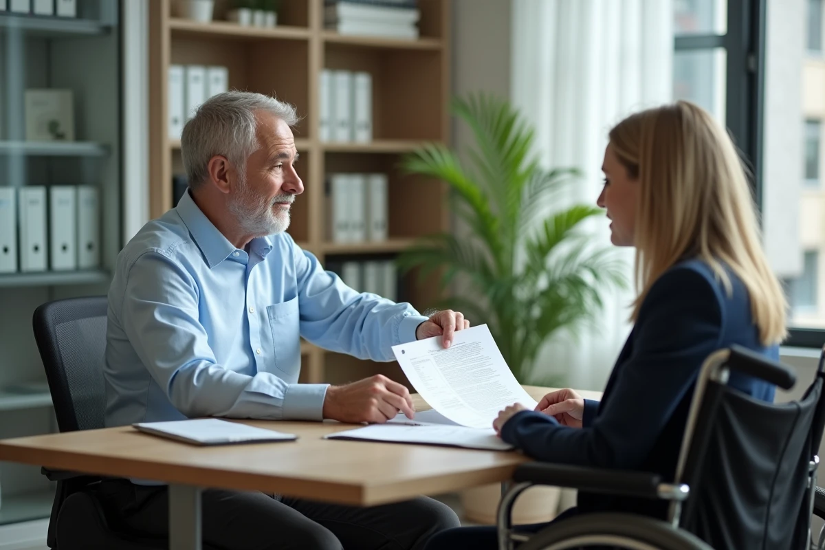 Bailleur et locataire en fauteuil roulant examinant un contrat de location dans une agence immobilière