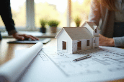 Bureau d'architecte avec plans et maquette de maison