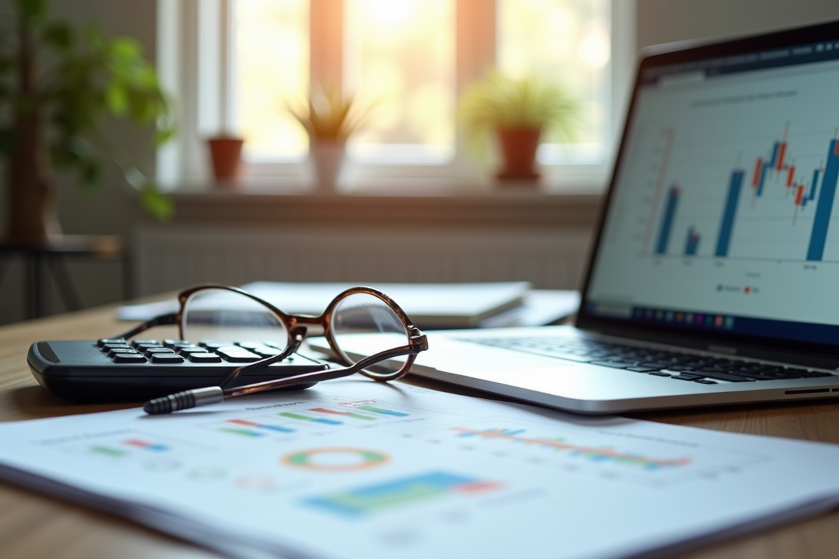 Bureau lumineux avec documents fiscaux et calculatrice