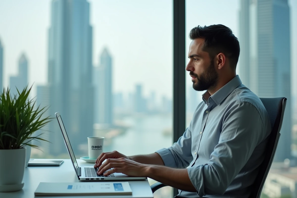 Cadre travaillant seul à son bureau dans un bureau privatif à Almas Tower JLT Dubai