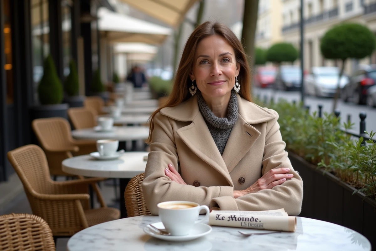 Femme élégante en terrasse de café chic dans le 16e arrondissement de Paris