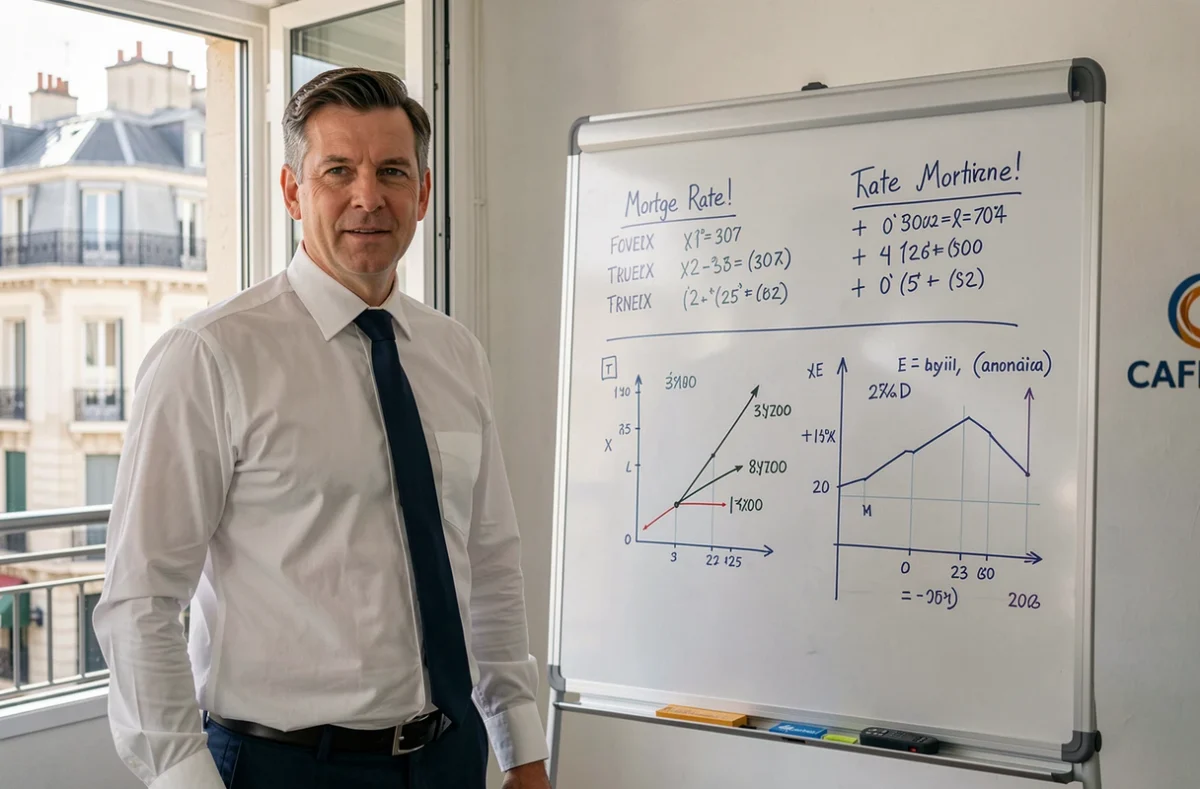 Conseiller CAFPI Marseille présentant des comparatifs de taux de prêt immobilier sur tableau blanc