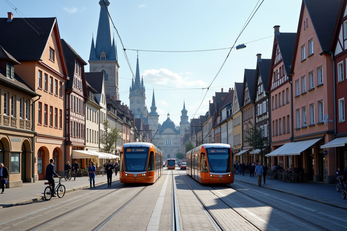 Centre historique de Strasbourg avec tram et maisons à colombages