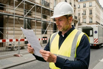 Chef de chantier consultant un contrat sur clipboard devant un immeuble haussmannien en travaux à Paris