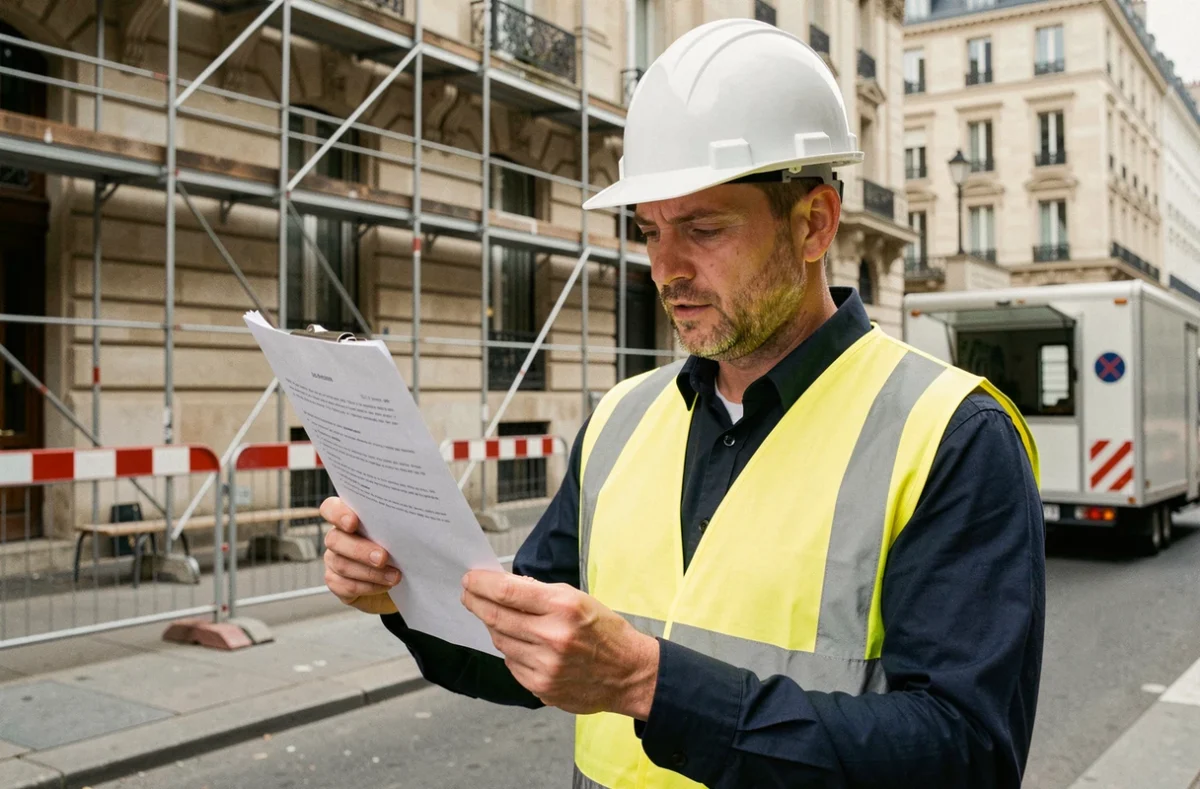 Chef de chantier consultant un contrat sur clipboard devant un immeuble haussmannien en travaux à Paris