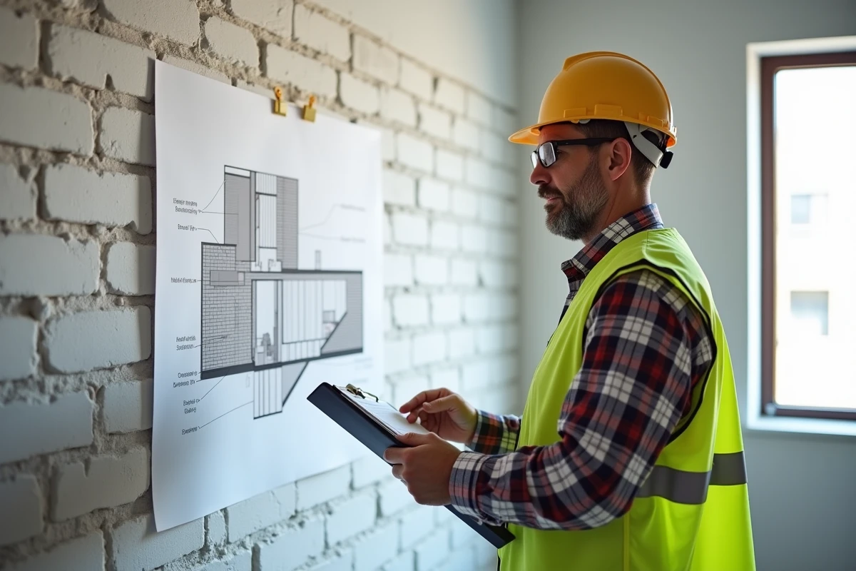 Chef de chantier expliquant un plan de construction intérieur