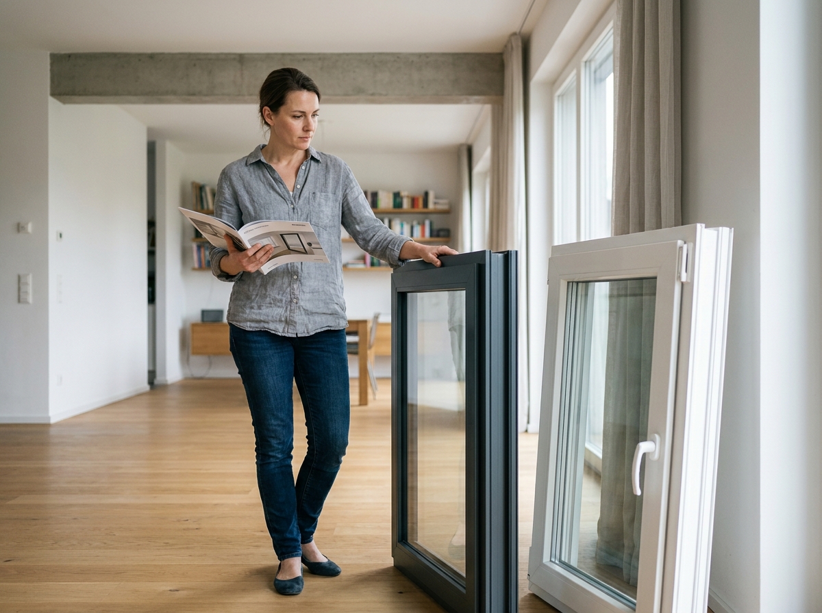 Femme comparant des échantillons de fenêtres en aluminium et PVC dans un appartement moderne lors d'une rénovation