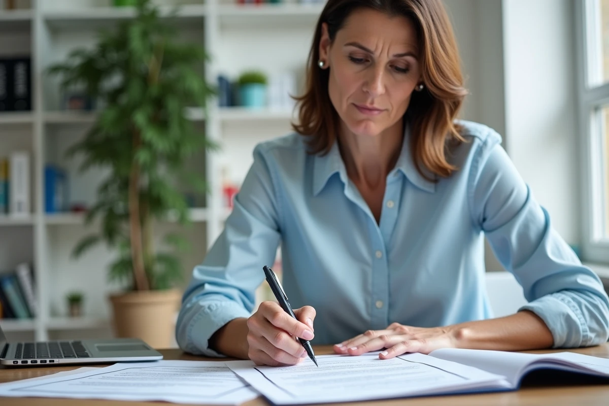 Propriétaire baileuse comparant des offres d'assurance loyer impayé sur ordinateur portable avec des documents imprimés sur un bureau en bois