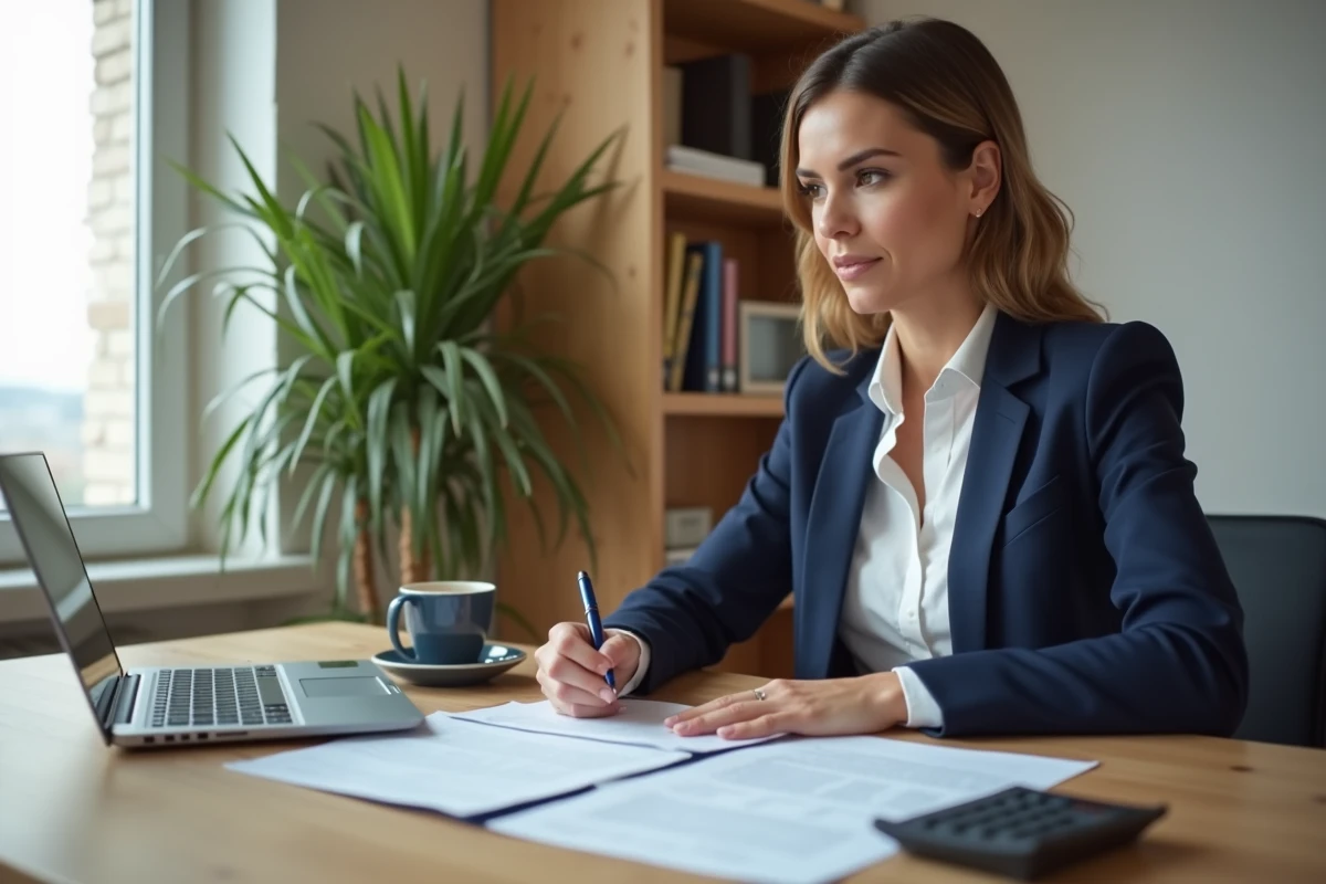 Femme comptable analysant une déclaration fiscale LMNP liée à la récupération de TVA sur mobil-home