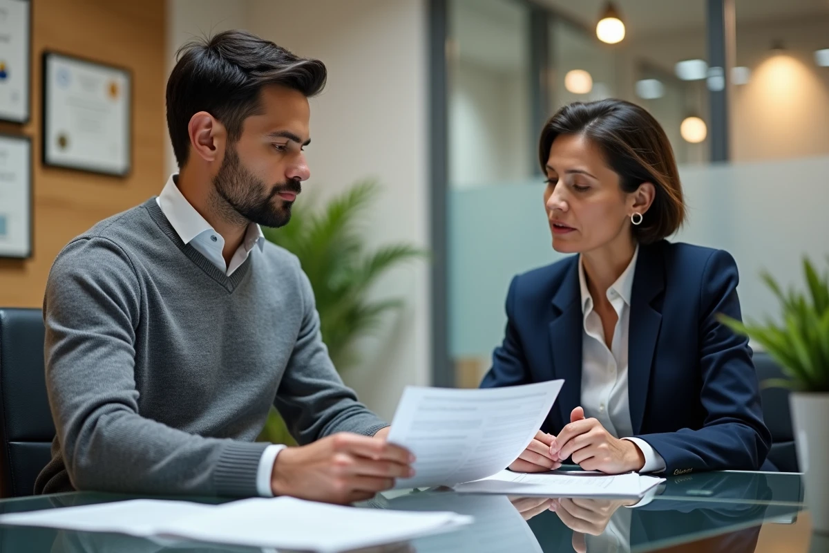 Propriétaire discutant des garanties de son assurance loyers impayés avec une conseillère dans une agence d'assurance professionnelle