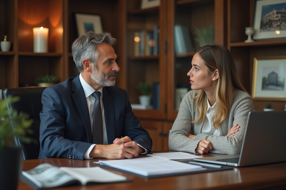 Conseiller en prêt immobilier discutant avec une cliente dans un bureau