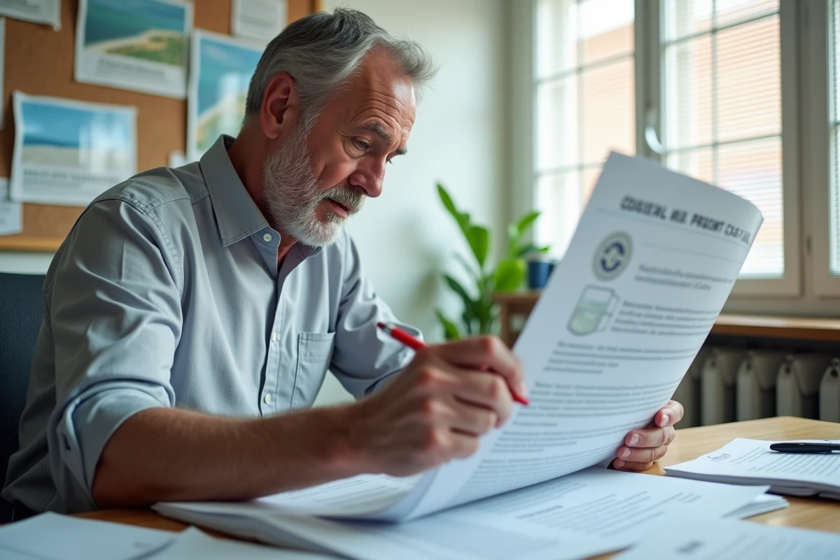 Fonctionnaire consultant un plan de prévention des risques littoraux dans un bureau administratif officiel