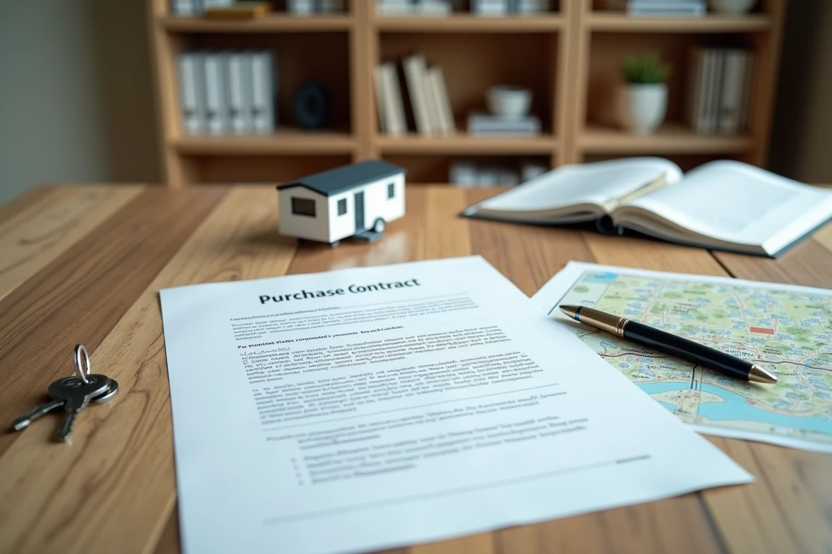 Contrat d'achat de parcelle PRL, clés et plan de parc résidentiel posés sur une table en bois dans un bureau
