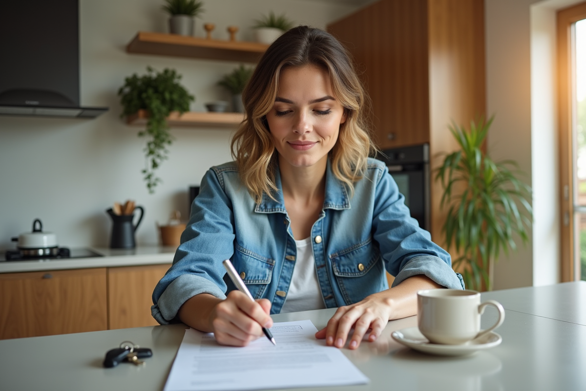 Femme détendue vérifiant un contrat de location dans une cuisine lumineuse