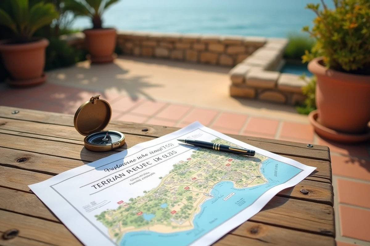 Contrat de vente de terrain littoral posé sur une table en terrasse avec vue sur la mer
