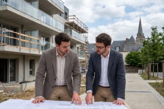 Jeune couple examine des plans architecturaux devant un immeuble en construction