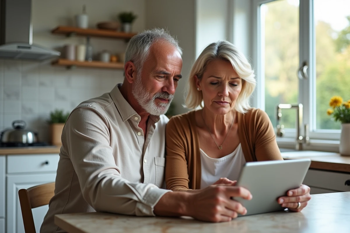 Un couple discutant des avis contradictoires sur permis-construire.com autour d'une tablette dans leur cuisine