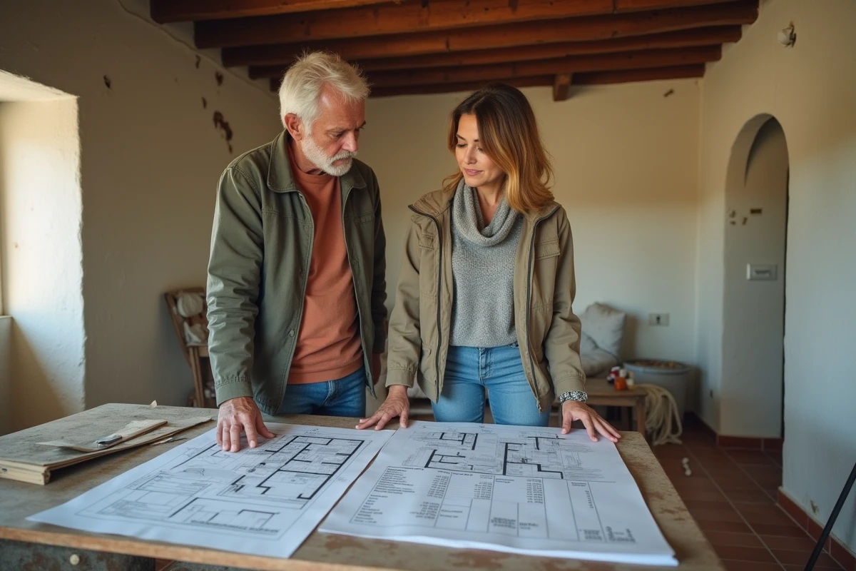 Couple étudiant les plans et le budget de rénovation d'une petite maison côtière à l'intérieur délabré