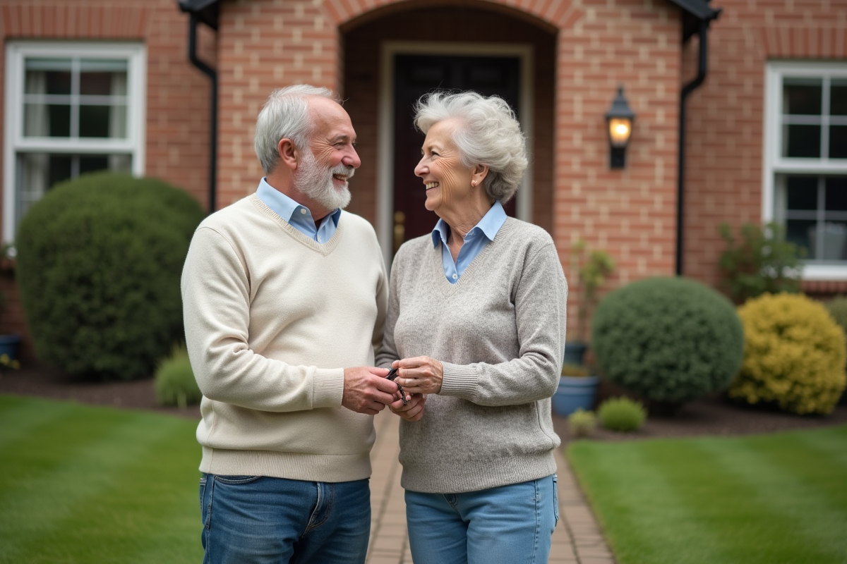 Couple souriant tenant des clés devant une maison de banlieue