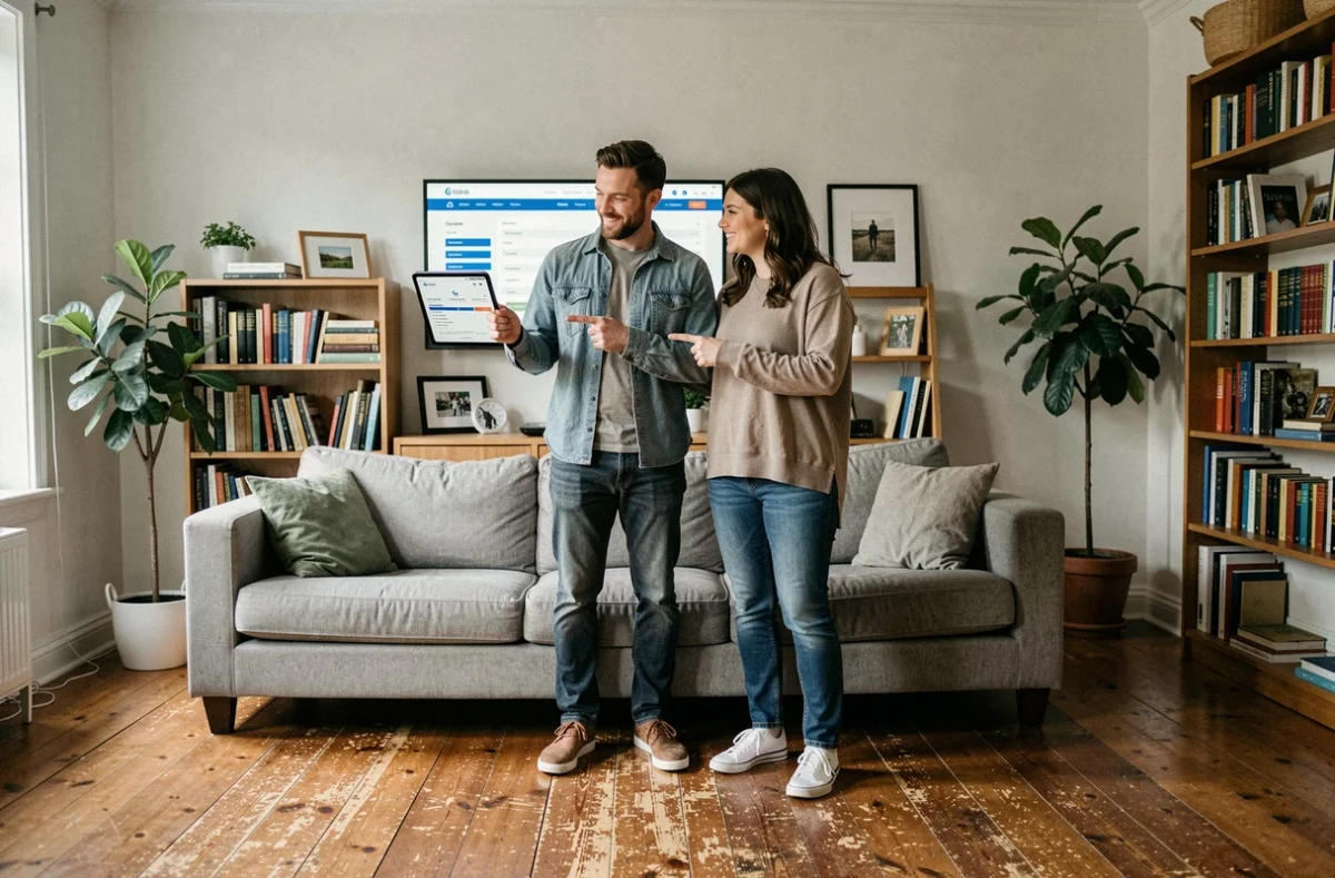 Couple comparant des offres d'assurance habitation sur une tablette dans leur salon
