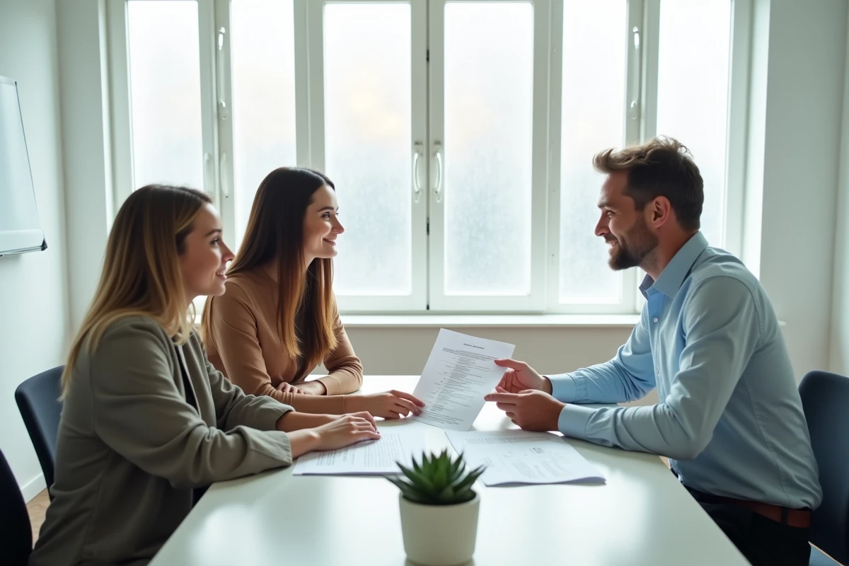 Couple discutant des honoraires d'agence iad avec un conseiller immobilier lors d'une réunion