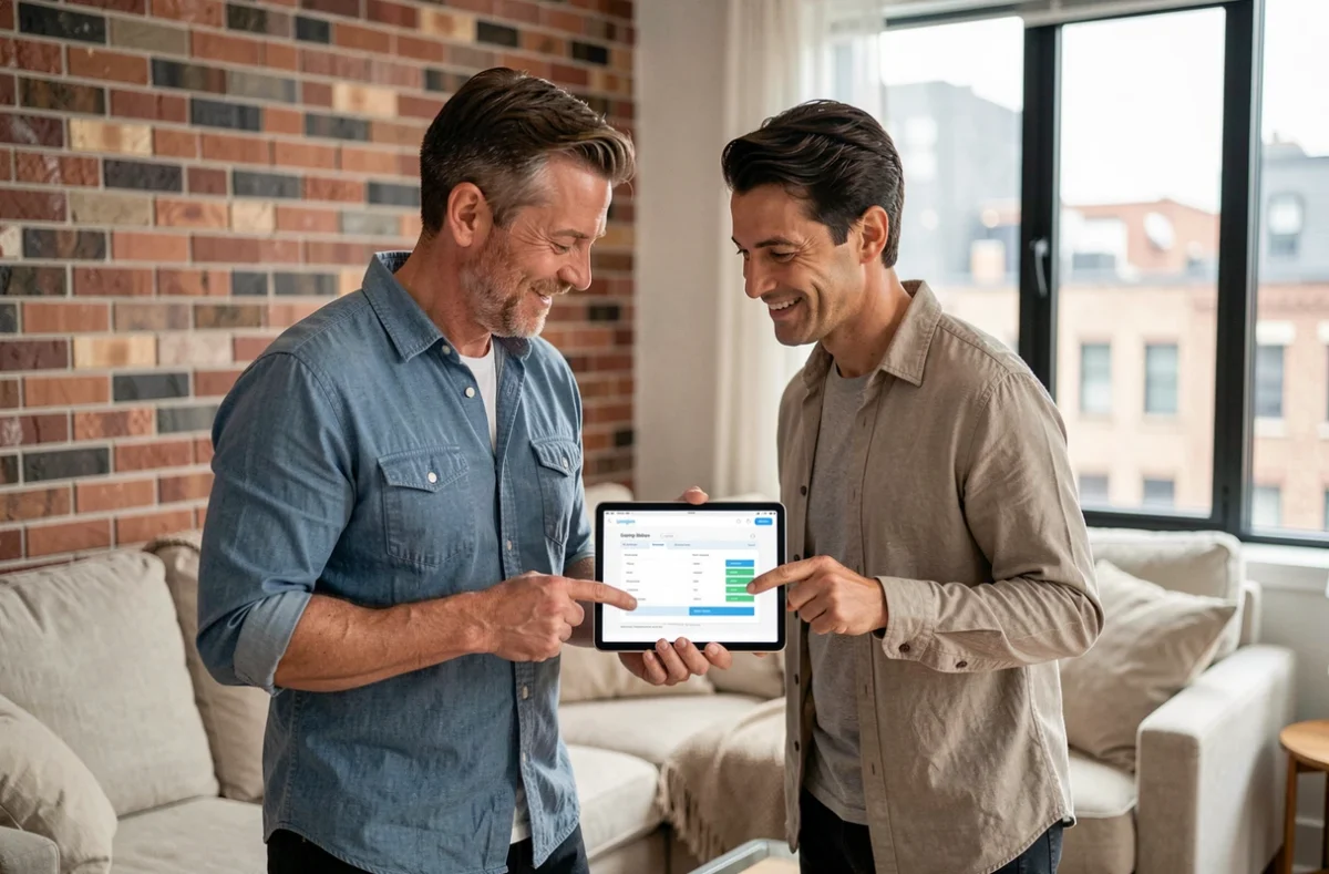 Couple consultant un comparatif de devis assurance habitation sur tablette dans leur salon
