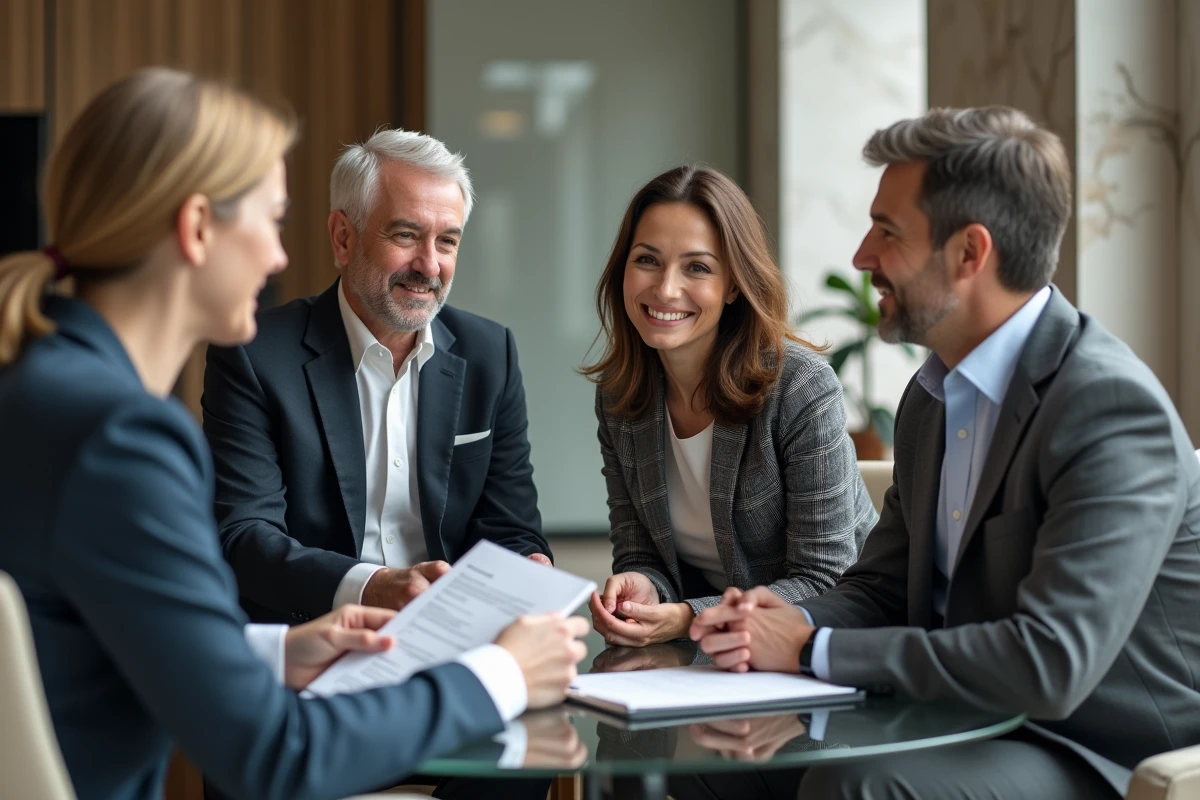 Couple discutant avec conseiller financier dans un bureau moderne