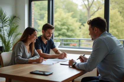 Jeune couple avec conseiller financier examinant des documents hypothécaires