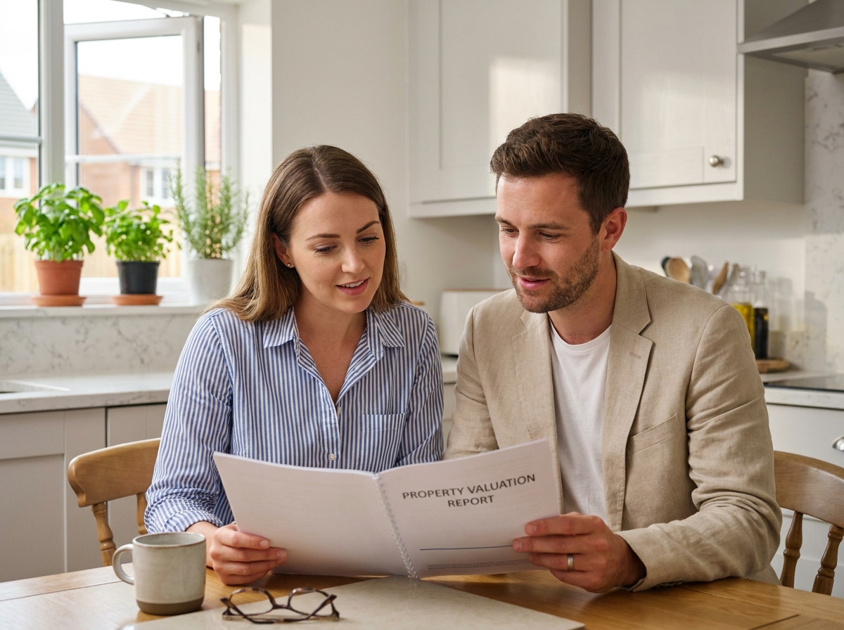 Couple de propriétaires consultant un rapport d'estimation immobilière avant de mettre leur logement en vente en ligne