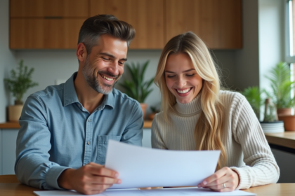 Couple souriant examinant des documents de prêt immobilier