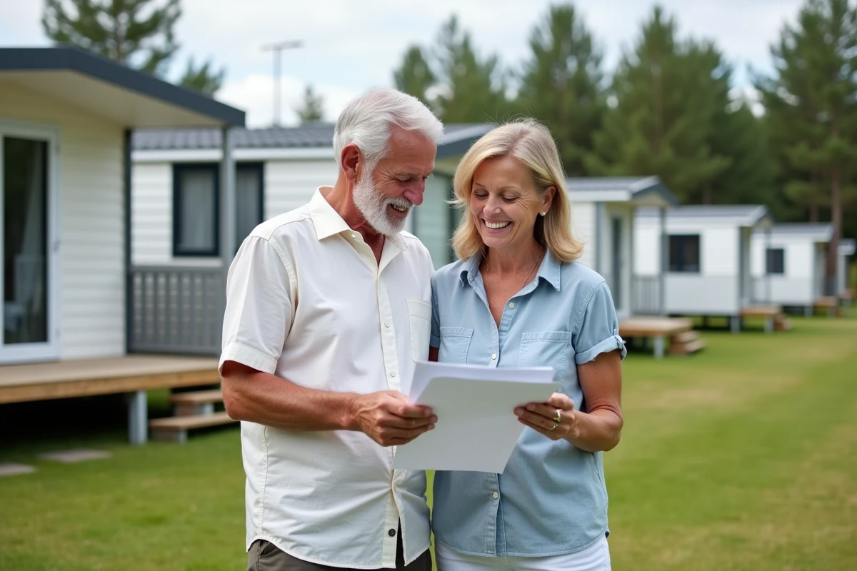 Couple examinant des documents administratifs devant un mobil-home moderne dans un camping résidentiel