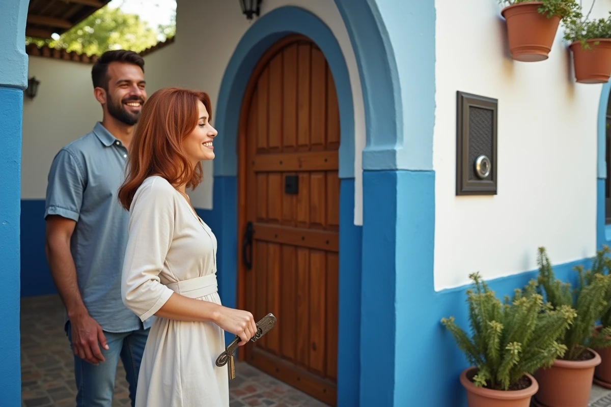 Couple devant l'entrée sécurisée d'une maison de location à Essaouira avec porte traditionnelle en bois