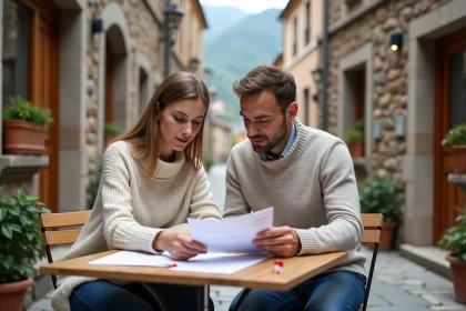 Couple de frontaliers français consultant des documents immobiliers dans un café en Andorre avec vue sur un village de montagne pyrénéen