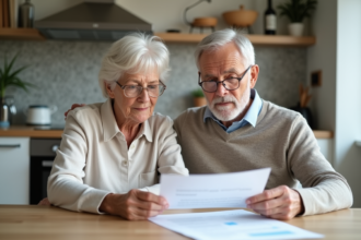 Couple d'âge moyen en cuisine examinant des documents immobiliers