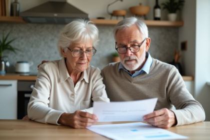 Couple d'âge moyen en cuisine examinant des documents immobiliers