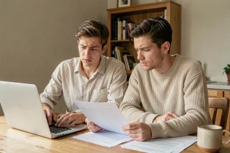 Couple de jeunes adultes consultant des documents pour une location sans fiche de paie dans un appartement