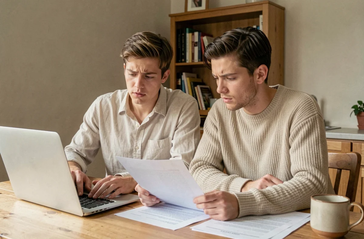 Couple de jeunes adultes consultant des documents pour une location sans fiche de paie dans un appartement