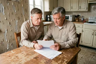 Couple étudiant les documents d'inspection d'une maison à rénover avant négociation du prix de vente