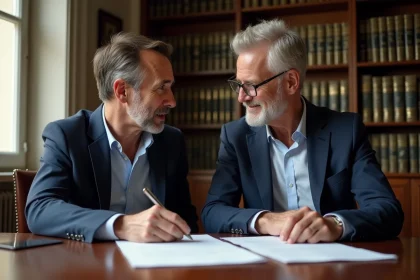 Couple français d'âge moyen dans un bureau notarial