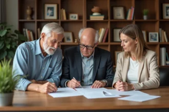 Famille réunie dans un bureau chaleureux en train de revoir des papiers