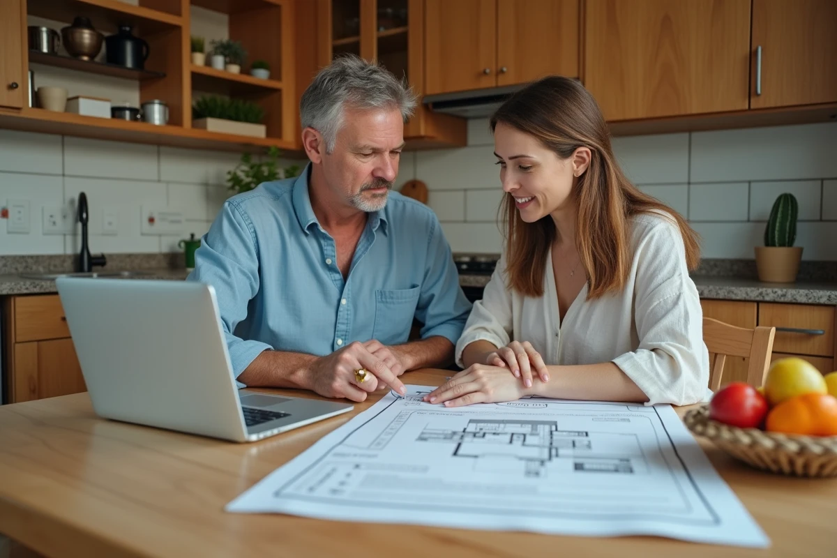 Couple préparant ensemble une offre d'achat immobilier avec des documents et un plan de maison sur une table