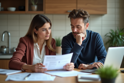 Couple de middleaged en cuisine examine documents rénovation