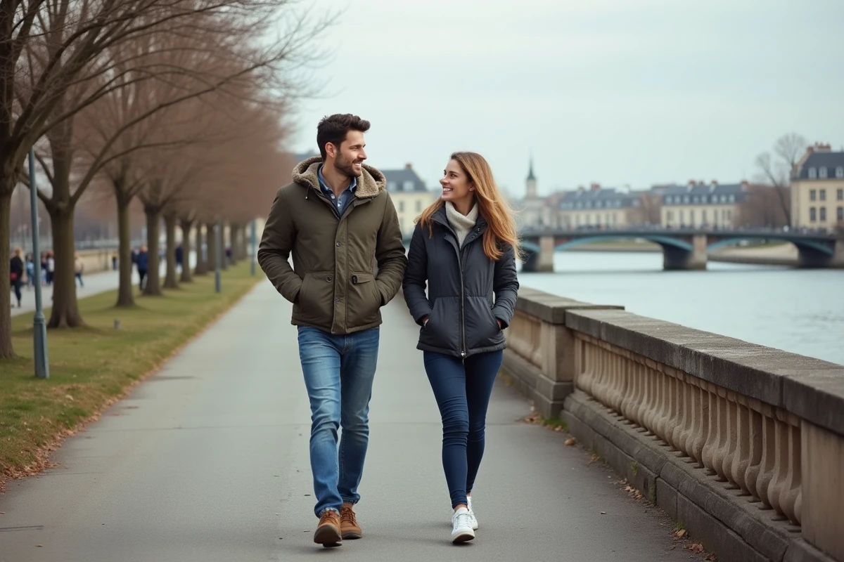 Jeune couple marchant près de la Seine à Conflans