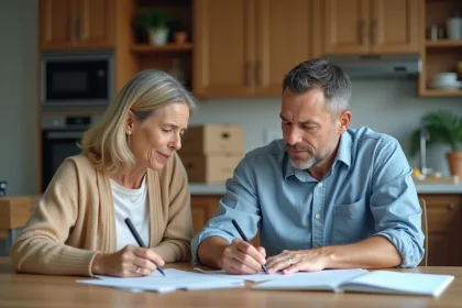 Couple d'adultes signant un document dans une cuisine moderne