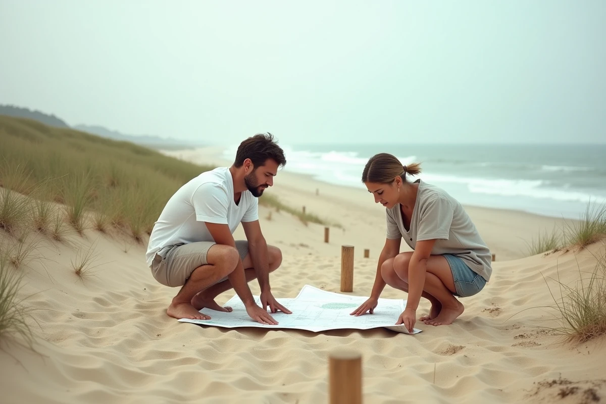 Couple examinant un plan cadastral sur un terrain à vendre en bord de mer avec accès plage