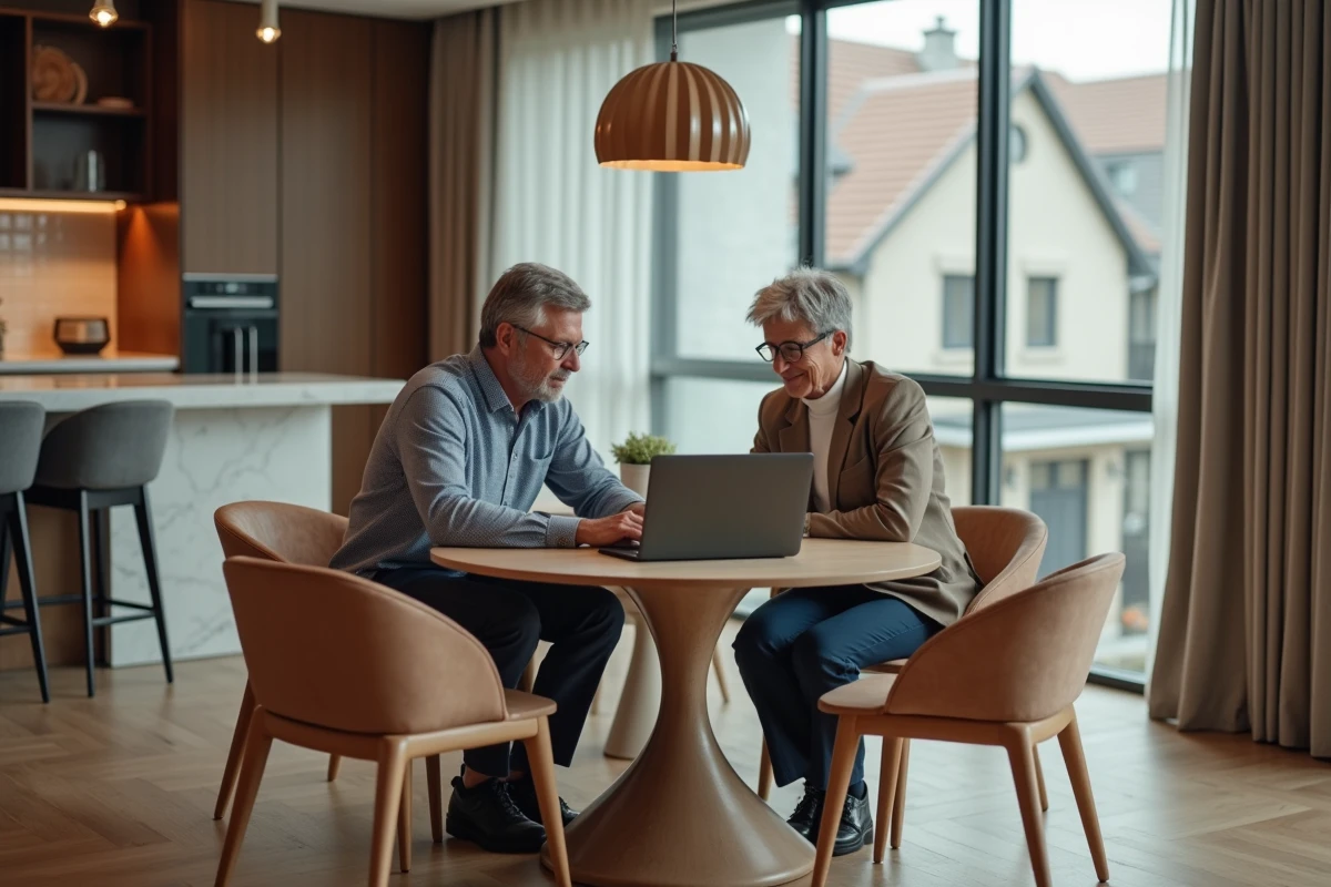 Couple de vendeurs consultant un site immobilier haut de gamme dans un appartement de luxe avec parquet en point de Hongrie