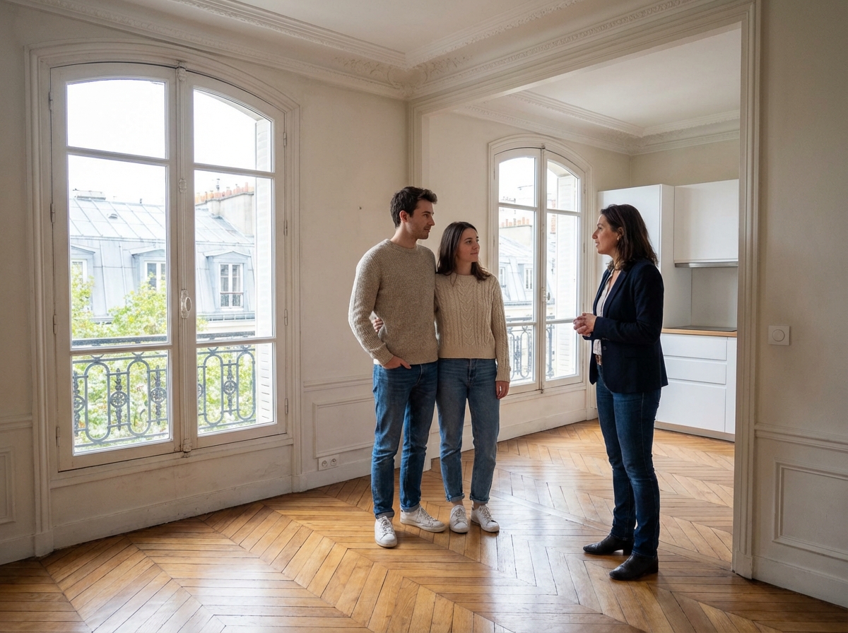 Jeune couple visitant un appartement rénové