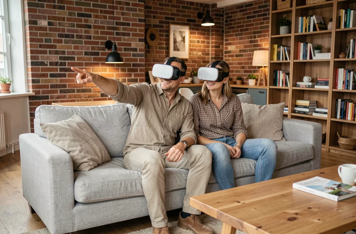 Couple portant des casques de réalité virtuelle pour visiter une maison à vendre en 360 degrés depuis leur salon