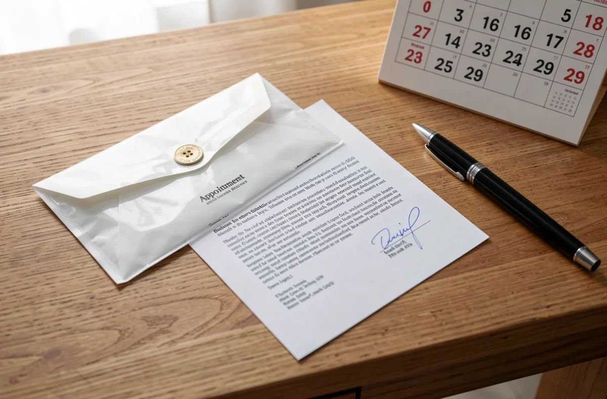 Courrier de convocation posé sur un bureau avec un stylo et un calendrier